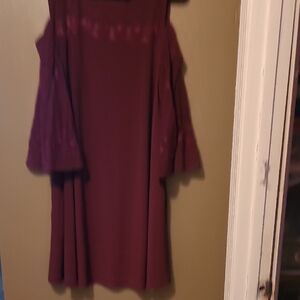 Nina Leonard Red Ruffled Cold Shoulder Midi Dress